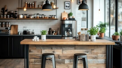 Wooden breakfast bar with stools, cozy kitchen interior featuring warm tones and pendant lighting