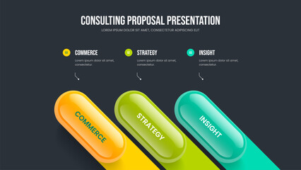 Investor Showcase 3 Option Diagram Slideshow Template. Modern Performance Slide Design Vector Illustration. Company Growth Three Step Infographic Presentation Layout.