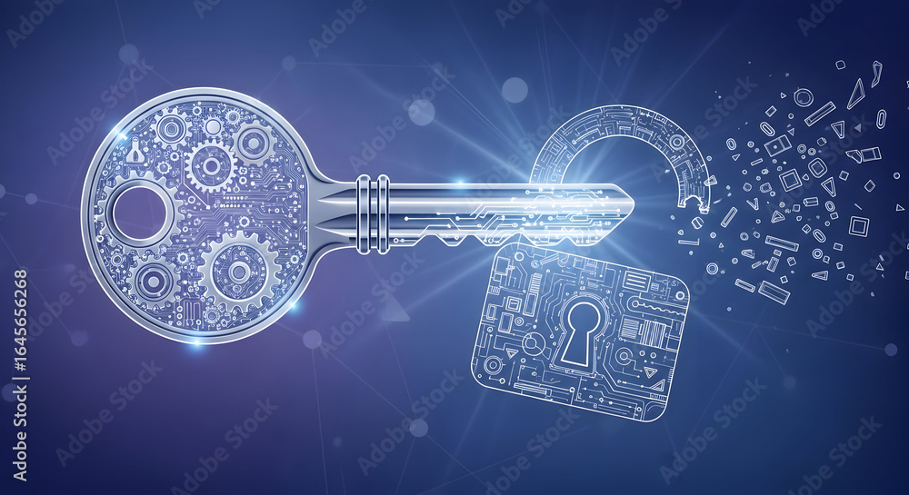 Aufkleber dynamic digital key unlocking secure data, symbolizing cybersecurity, access, and protection in a mo
