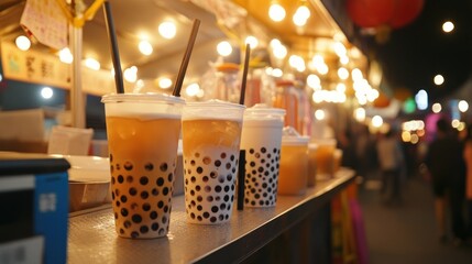 Delicious and Refreshing Bubble Tea at a Vibrant Night Market in Southeast Asia
