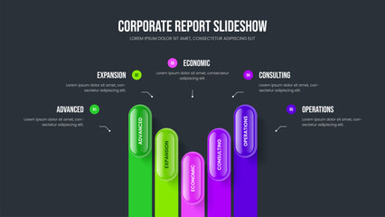 Investor Visualization 5 Element Diagram Slideshow Layout. Market Performance Slide Design Vector Illustration. Enterprise Campaign Five Step Infographic Presentation Template.