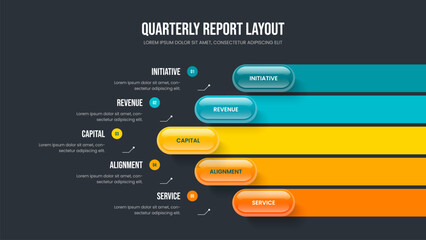 Business Introduction 5 Step Diagram Slide Layout. Enterprise Report Slideshow Design Vector Illustration. Visual Portfolio Five Option Infographic Presentation Template.