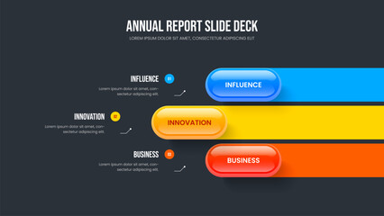 Corporate Growth 3 Step Diagram Presentation Template. Visual Review Frame Design Vector Illustration. Marketing Plan Three Element Infographic Slide Layout.