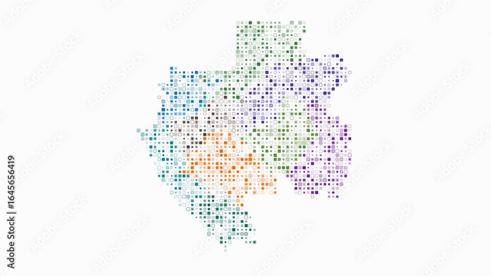 Poster gabon dotted animation. shape of the country build of pulsating colored dots. small size rounded squ