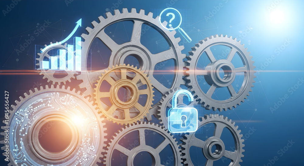 Poster dynamic gears and data visualization with padlock, question mark, and growth chart, symbolizing inno