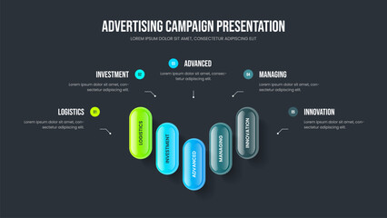 Creative Visualization 5 Element Infographic Frame Template. Product Forecast Five Step Diagram Presentation Design. Company Launch Slide Layout Vector Illustration.