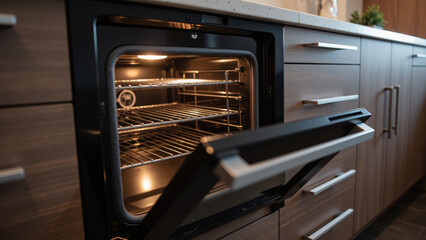 Obraz premium Modern kitchen oven with open door, showcasing interior racks and sleek design, perfect for cooking and baking