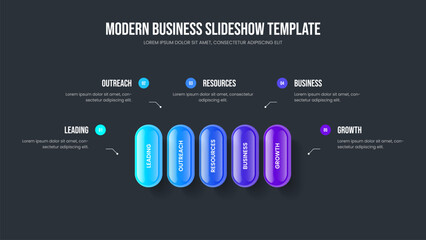 Corporate Strategy Slide Design Vector Illustration. Creative Insight Five Option Infographic Frame Template. Project Solution 5 Step Diagram Slideshow Layout.