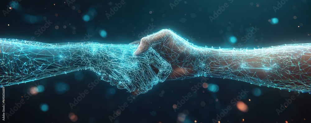 Poster digital handshake illustrating technology partnership and connection in a futuristic virtual environ