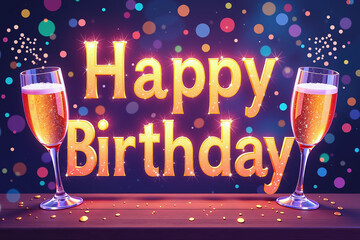 Vibrant, sparkling birthday scene with champagne glasses, golden text, and colorful dots.