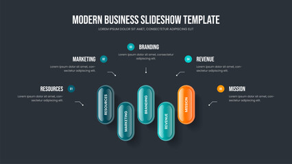 Investor Report Frame Template Vector Illustration. Product Launch 5 Option Infographic Presentation Layout. Company Innovation Five Element Diagram Slide Design.