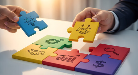 Business partners assembling puzzle pieces symbolizing teamwork, strategy, innovation, growth, and financial success in a collaborative effort