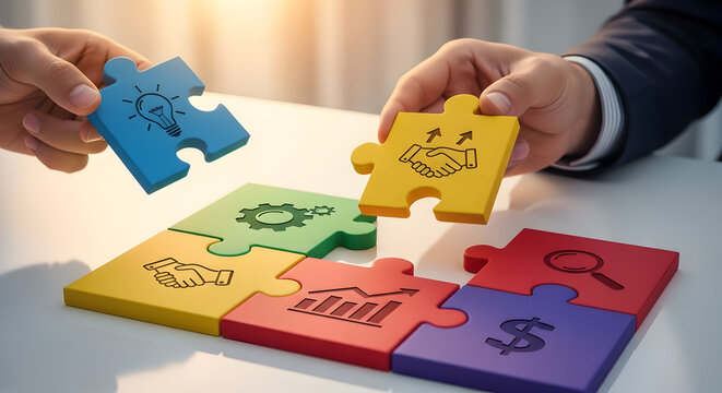 Business partners assembling puzzle pieces symbolizing teamwork, strategy, innovation, growth, and financial success in a collaborative effort