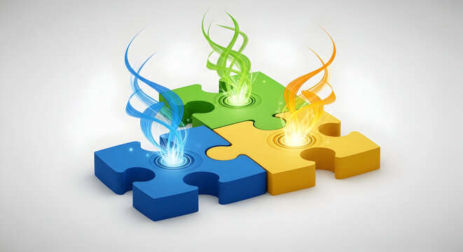 Dynamic puzzle pieces connecting with vibrant energy streams, symbolizing teamwork, innovation, and business solutions for success in a competitive market