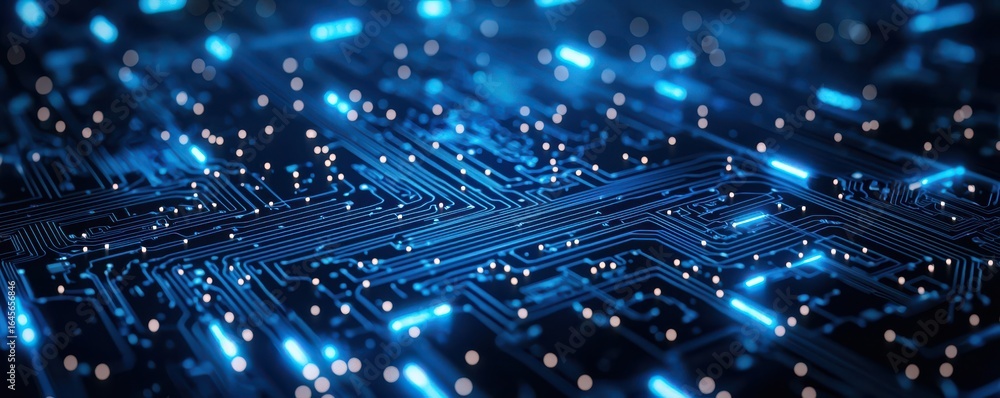 Poster futuristic blue circuit board background with glowing lines and digital patterns representing modern