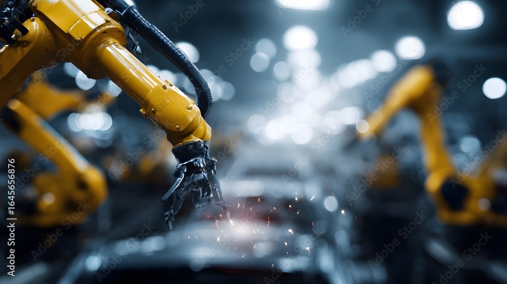 Poster automated robotic arms assembling parts in a smart factory setting