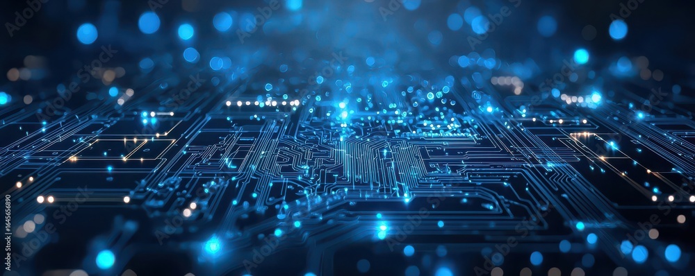 Aufkleber abstract vector graphic of a blue circuit board illuminated with bright lights, symbolizing advanced