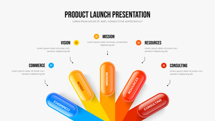Company Briefing 5 Step Diagram Slideshow Template. Product Plan Slide Design Vector Illustration. Digital Campaign Five Option Infographic Presentation Layout.