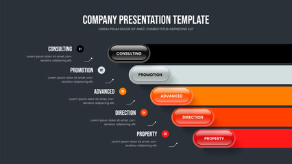 Consulting Performance Slide Design Vector Illustration. Marketing Plan 5 Element Diagram Slideshow Template. Financial Innovation Five Option Infographic Frame Layout.