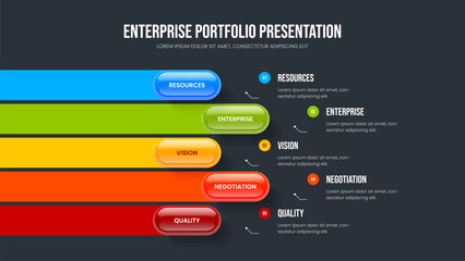Advertising Plan 5 Element Diagram Slide Template. Corporate Strategy Slideshow Layout Vector Illustration. Enterprise Campaign Five Option Infographic Frame Design.