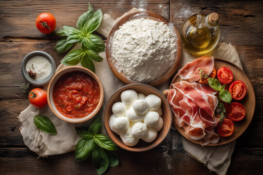 Świeże składniki do pizzy &ndash; mąka, pomidory, ser mozzarella, oliwa, zioła i dodatki, starannie ułożone, gotowe do stworzenia aromatycznego włoskiego przysmaku.