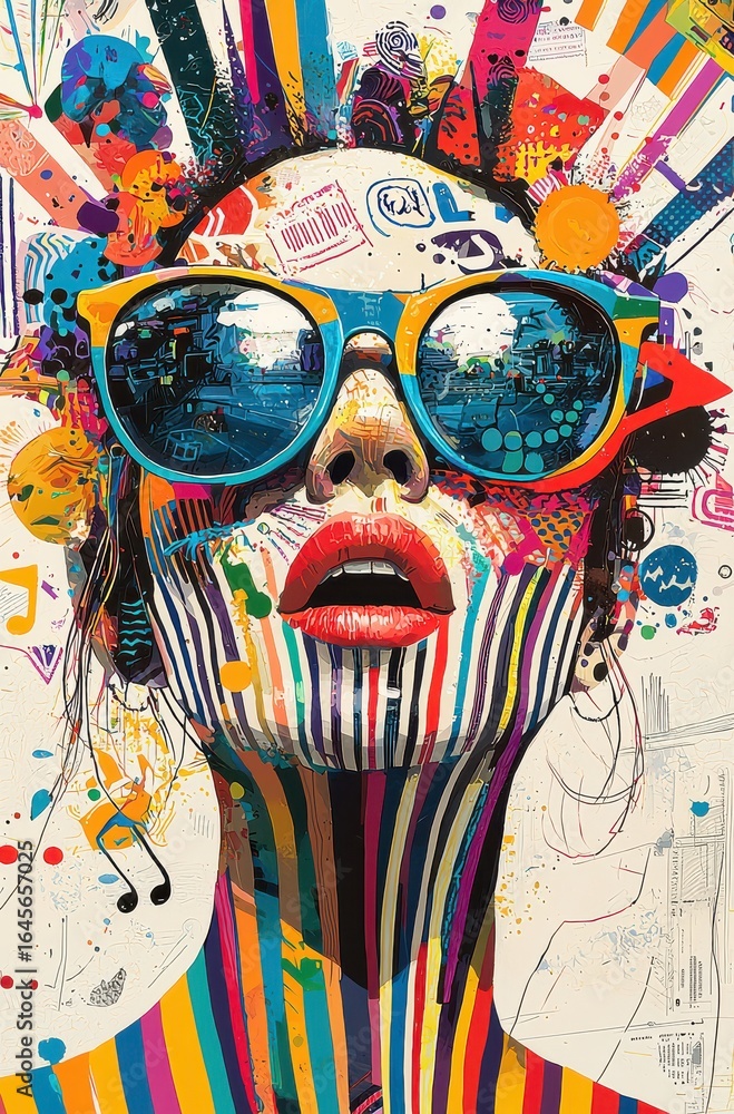 Poster vibrant surreal portrait of a woman with colorful abstract patterns and artistic designs in a lively