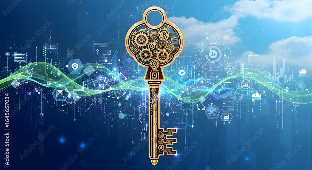 Poster golden key unlocking innovative technology and digital solutions, representing data security, access