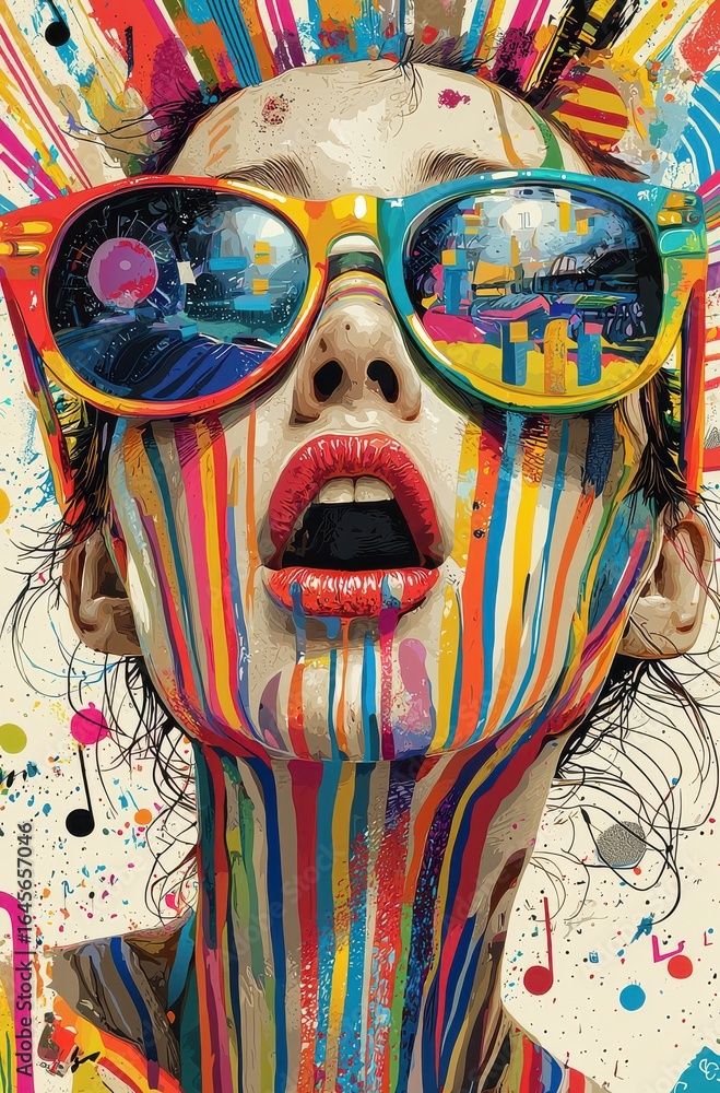Poster vibrant surreal portrait of a woman with colorful sunglasses and artistic face paint blending with a