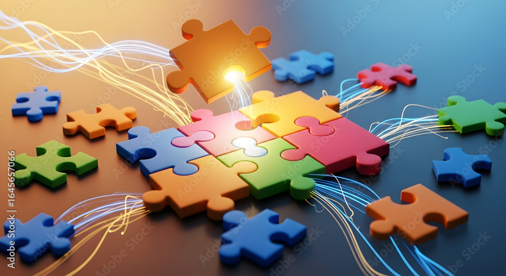 Poster dynamic puzzle pieces connecting, symbolizing teamwork, problem-solving, and innovative solutions fo