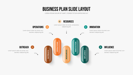 Project Visualization Slideshow Template Vector Illustration. Marketing Profile Five Element Diagram Presentation Layout. Professional Performance 5 Option Infographic Frame Design.