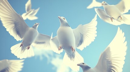 Serene flight of white doves against a light blue sky symbolizing peace