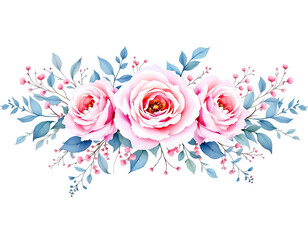 Pink and blue watercolor floral bouquet, isolated on transparent background