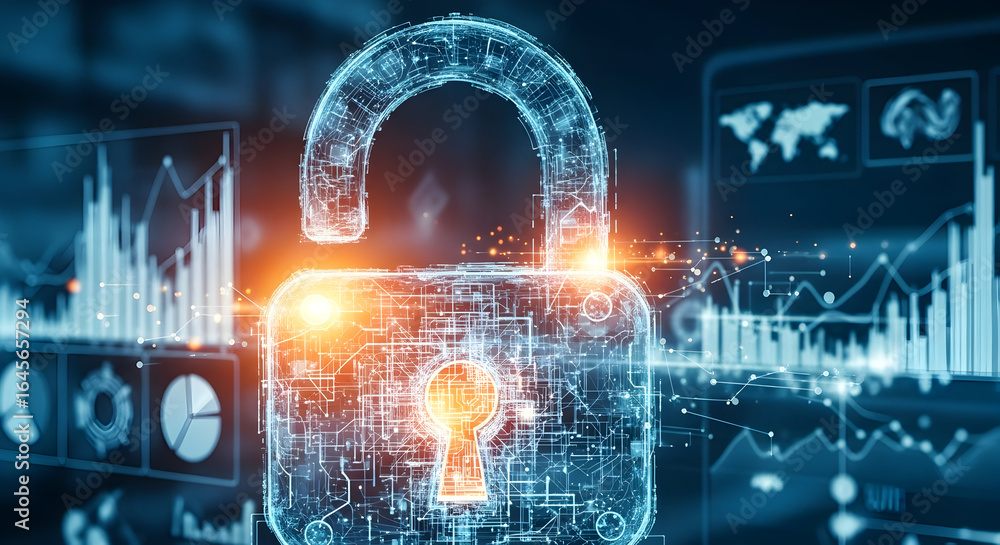 Poster digital security padlock with glowing circuit board design and data analysis charts representing net