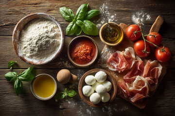 Świeże składniki do pizzy – mąka, pomidory, ser mozzarella, oliwa, zioła i dodatki, starannie ułożone, gotowe do stworzenia aromatycznego włoskiego przysmaku.