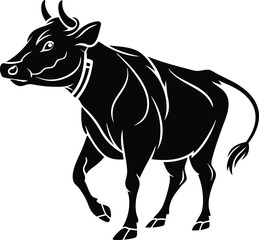 Black bull walking forward with white outlines silhouette vector