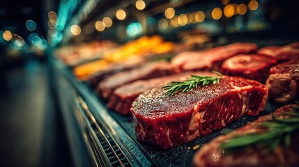 Fresh, raw beef steaks displayed in a refrigerated supermarket display case