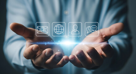 Person presenting digital communication icons, showcasing global connectivity and online interaction.