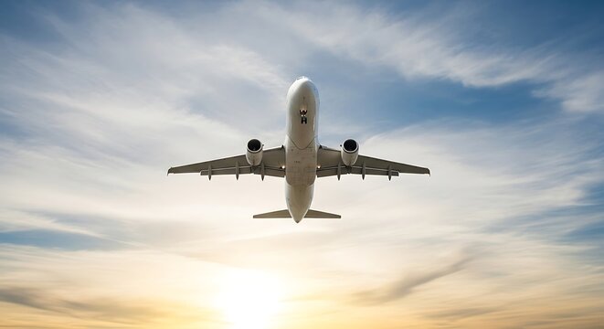 Commercial airliner takes off into beautiful sunset sky ready to provide international transport globally