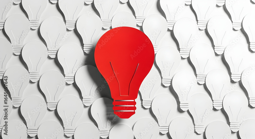 Poster unique red lightbulb idea stands out from white lightbulbs, symbolizing innovation, creativity, and 