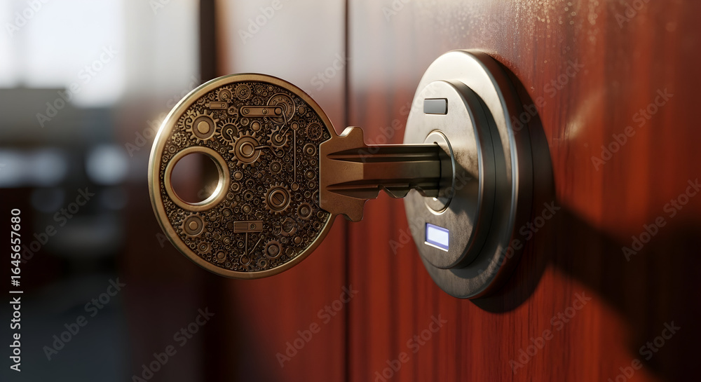 Poster intricate steampunk-style key unlocking security with modern technology, symbolizing access, innovat