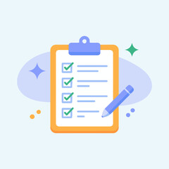 Illustration of a clipboard with checkmarks and lines next to a pencil on a light background