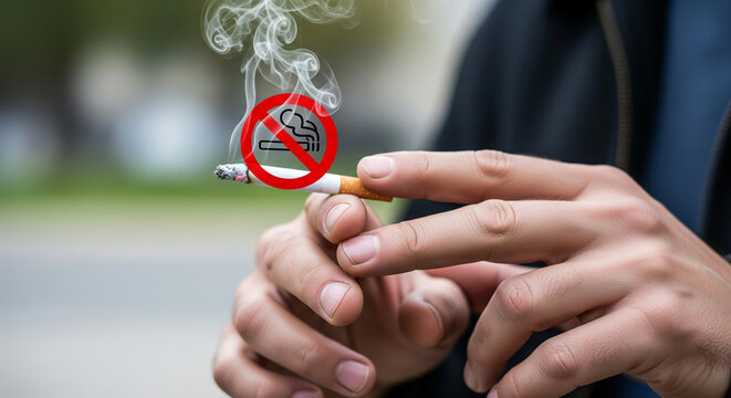 Close-up of a cigarette in a man's hands, crossed out with a red prohibition sign, clouds of smoke. World No Tobacco Day. Prohibition, restrictions on smoking