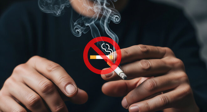 Close-up of a cigarette in a man's hands, crossed out with a red prohibition sign, clouds of smoke. World No Tobacco Day. Prohibition, restrictions on smoking - Powered by Adobe