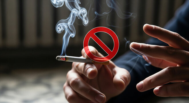 Close-up of a cigarette in a man's hands, crossed out with a red prohibition sign, clouds of smoke. World No Tobacco Day. Prohibition, restrictions on smoking - Powered by Adobe