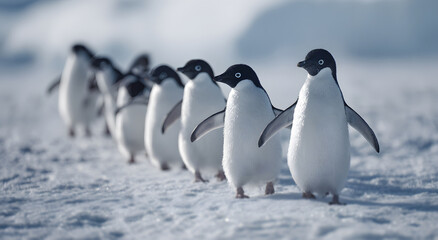 Fototapeta premium Real photograph of penguins walking in single line across snow under natural daylight, showing detailed texture of feathers and ice in pristine antarctic wildlife habitat during the cold winter season