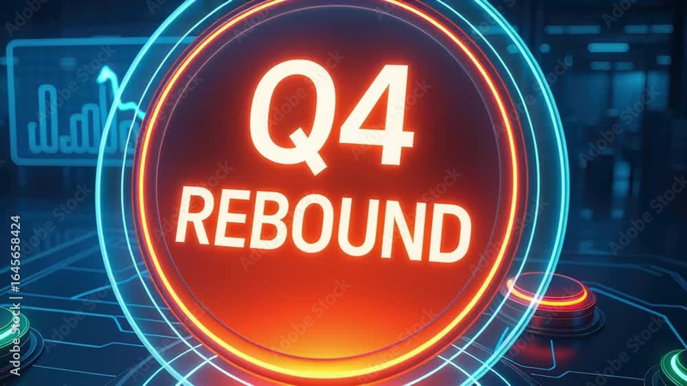 Poster q4 rebound glowing button neon digital technology futuristic interface round light dark environment 