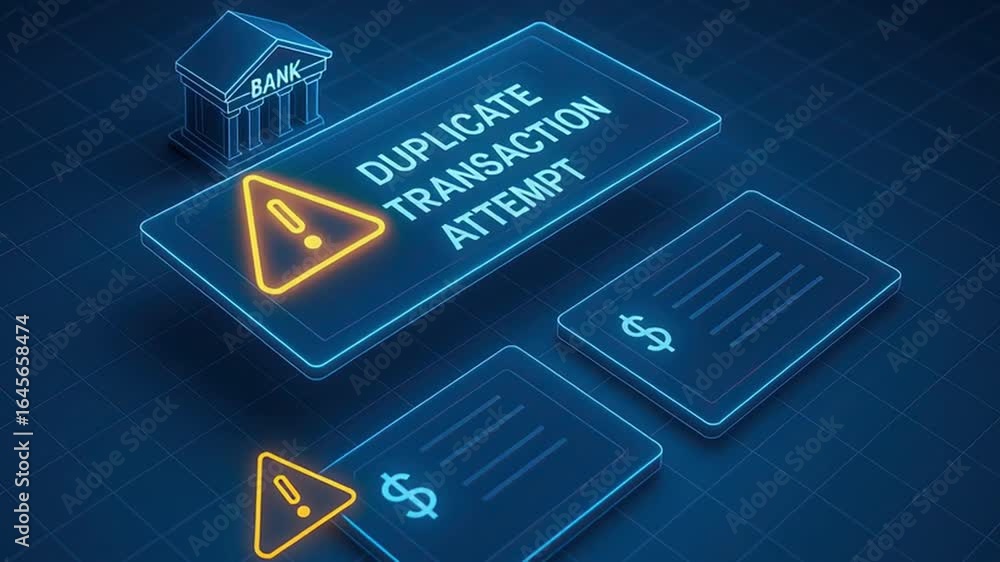 Poster duplicate transaction attempt warning bank icon digital financial document security alert glowing ne