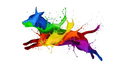 Obraz premium Splashing multicolored rainbow paint shaped like a dog on a solid white background