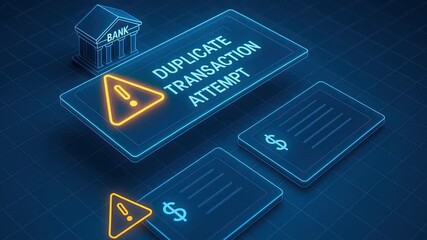 Duplicate transaction attempt warning bank icon digital financial document security alert glowing neon style online banking interface fraud prevention blue dark grid background financial security - Powered by Adobe