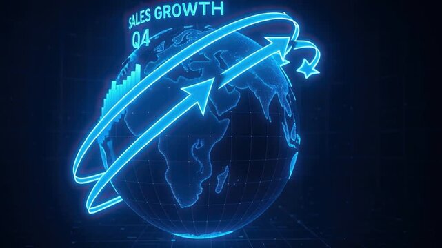 Sales growth concept with glowing blue arrows and bar chart rising over digital globe symbolizing global business finance success and upward arrow chart in Q4 global digital expansion - Powered by Adobe